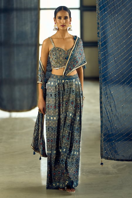 Buy Samyukta Singhania Blue Satin, Viscose, Modal Geometric Print Pre-draped Saree With Blouse Online at Aza Fashions Buy_Samyukta Singhania_Blue Satin, Viscose, Modal Geometric Print Pre-draped Saree With Blouse _Online_at_Aza_Fashions