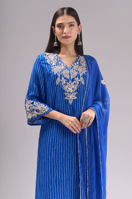 Shop_Samyukta Singhania_Blue Chinon, Silk, Shantoon, Chiffon Embroidery, Gota Bandhani Print Kurta Set _Online_at_Aza_Fashions
