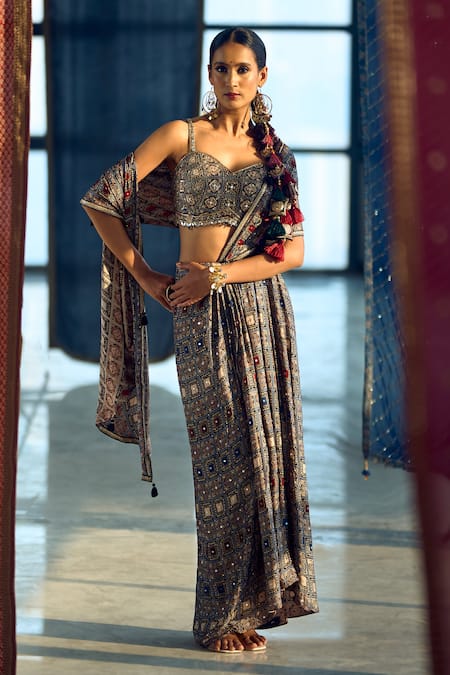 Buy Samyukta Singhania Multi Color Satin, Viscose, Modal Embellished Pre-draped Saree With Blouse at Aza Fashions Buy_Samyukta Singhania_Multi Color Satin, Viscose, Modal Embellished Pre-draped Saree With Blouse _at_Aza_Fashions