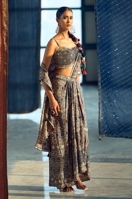 Buy Samyukta Singhania Multi Color Satin, Viscose, Modal Embellished Pre-draped Saree With Blouse Online at Aza Fashions Buy_Samyukta Singhania_Multi Color Satin, Viscose, Modal Embellished Pre-draped Saree With Blouse _Online_at_Aza_Fashions