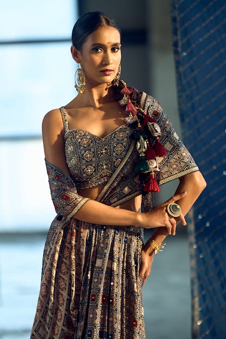 Shop Samyukta Singhania Multi Color Satin, Viscose, Modal Embellished Pre-draped Saree With Blouse Online at Aza Fashions Shop_Samyukta Singhania_Multi Color Satin, Viscose, Modal Embellished Pre-draped Saree With Blouse _Online_at_Aza_Fashions