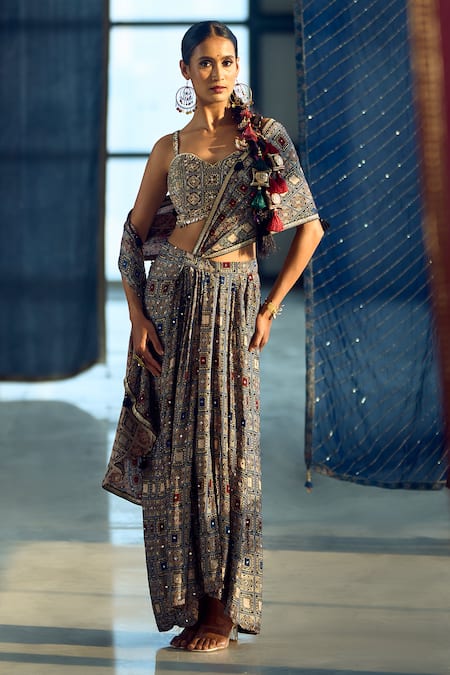 Samyukta Singhania Multi Color Satin, Viscose, Modal Embellished Pre-draped Saree With Blouse at Aza Fashions Samyukta Singhania_Multi Color Satin, Viscose, Modal Embellished Pre-draped Saree With Blouse _at_Aza_Fashions