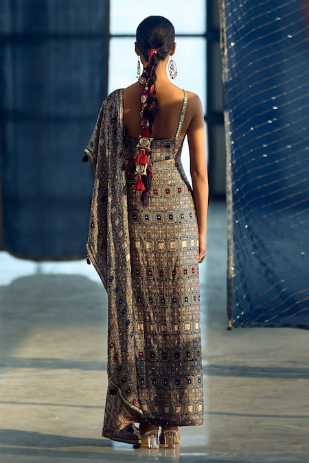 Samyukta Singhania Multi Color Satin, Viscose, Modal Embellished Pre-draped Saree With Blouse Online at Aza Fashions Samyukta Singhania_Multi Color Satin, Viscose, Modal Embellished Pre-draped Saree With Blouse _Online_at_Aza_Fashions