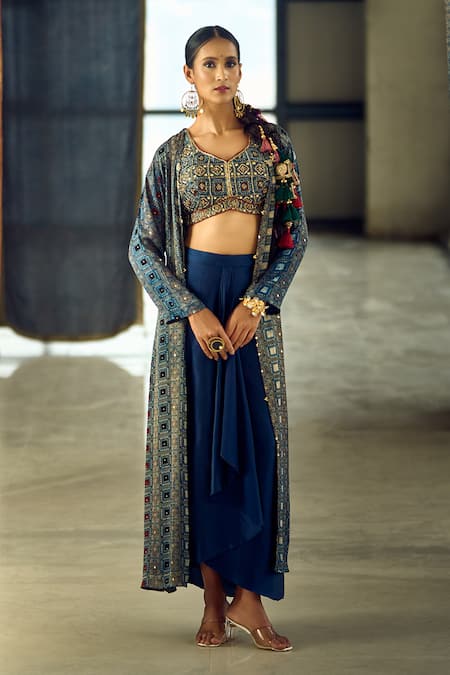 Samyukta Singhania Geometric Print Longline Jacket Dhoti Skirt Set 