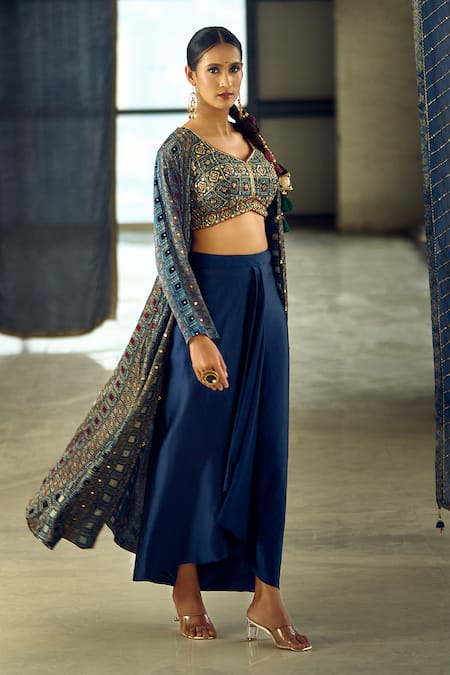 Buy Samyukta Singhania Blue Satin, Viscose, Modal Geometric Print Longline Jacket Dhoti Skirt Set Online at Aza Fashions Buy_Samyukta Singhania_Blue Satin, Viscose, Modal Geometric Print Longline Jacket Dhoti Skirt Set _Online_at_Aza_Fashions