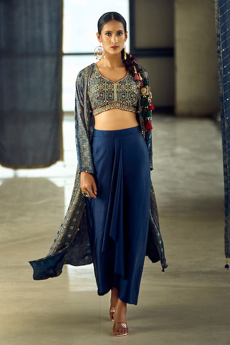 Shop Samyukta Singhania Blue Satin, Viscose, Modal Geometric Print Longline Jacket Dhoti Skirt Set Online at Aza Fashions Shop_Samyukta Singhania_Blue Satin, Viscose, Modal Geometric Print Longline Jacket Dhoti Skirt Set _Online_at_Aza_Fashions