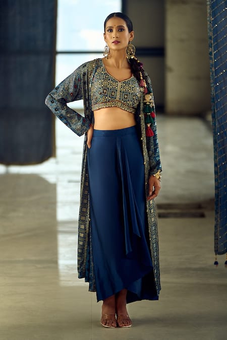 Samyukta Singhania Blue Satin, Viscose, Modal Geometric Print Longline Jacket Dhoti Skirt Set at Aza Fashions Samyukta Singhania_Blue Satin, Viscose, Modal Geometric Print Longline Jacket Dhoti Skirt Set _at_Aza_Fashions