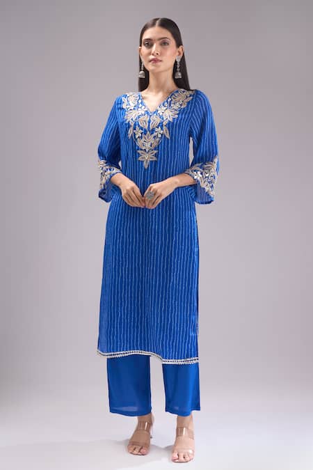 Samyukta Singhania_Blue Chinon, Silk, Shantoon, Chiffon Embroidery, Gota Bandhani Print Kurta Set _Online_at_Aza_Fashions
