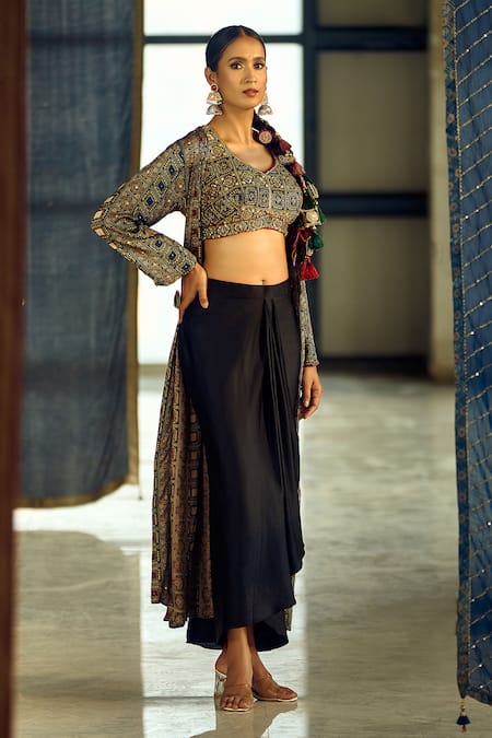 Buy Samyukta Singhania Multi Color Satin, Viscose, Modal Geometric Print Jacket Draped Skirt Set Online at Aza Fashions Buy_Samyukta Singhania_Multi Color Satin, Viscose, Modal Geometric Print Jacket Draped Skirt Set _Online_at_Aza_Fashions