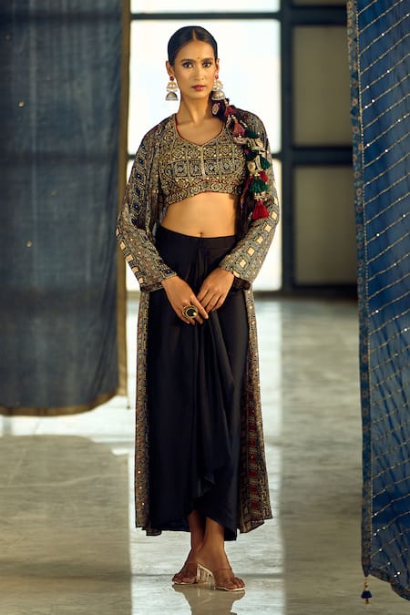 Shop Samyukta Singhania Multi Color Satin, Viscose, Modal Geometric Print Jacket Draped Skirt Set Online at Aza Fashions Shop_Samyukta Singhania_Multi Color Satin, Viscose, Modal Geometric Print Jacket Draped Skirt Set _Online_at_Aza_Fashions