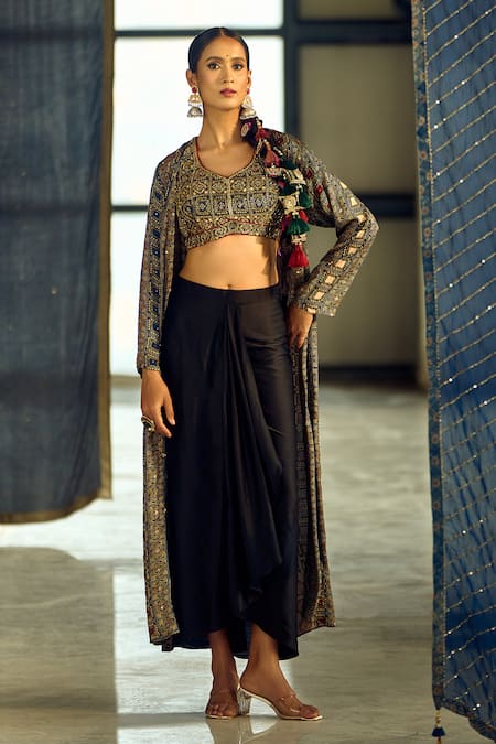 Samyukta Singhania Geometric Print Jacket Draped Skirt Set 