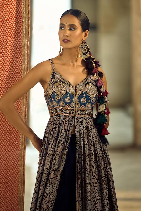 Buy_Samyukta Singhania_Black Satin, Viscose, Modal, Chinon Tassels, Floral Print Anarkali Palazzo Set _Online_at_Aza_Fashions