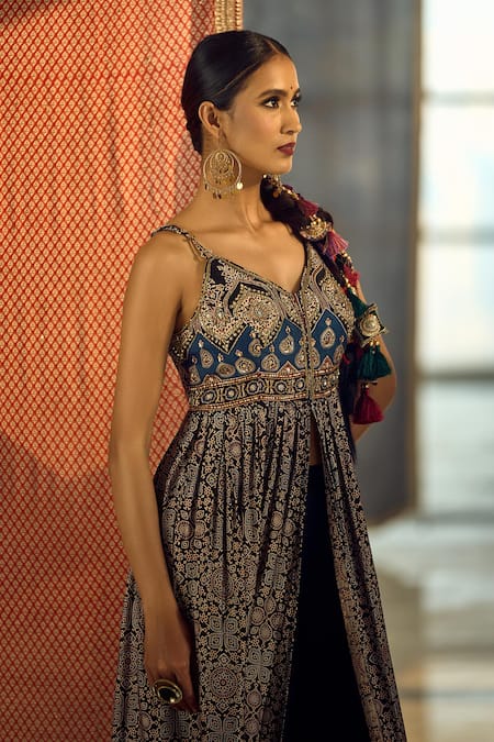 Shop_Samyukta Singhania_Black Satin, Viscose, Modal, Chinon Tassels, Floral Print Anarkali Palazzo Set _Online_at_Aza_Fashions