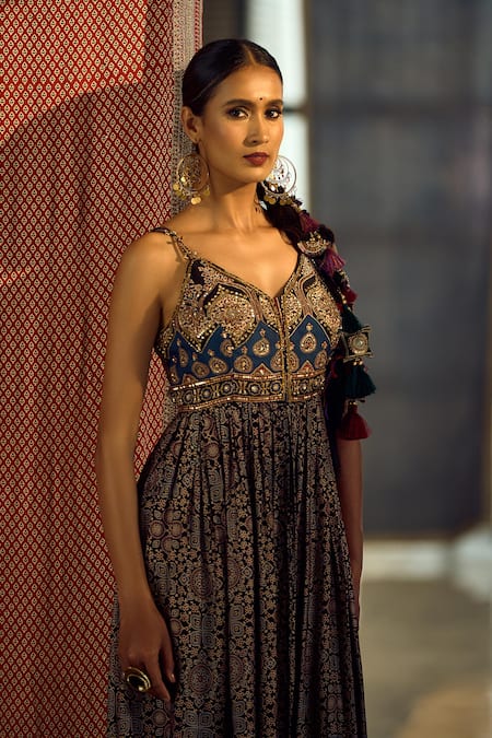 Shop_Samyukta Singhania_Black Satin, Viscose, Modal, Chinon Tassels, Floral Print Anarkali Palazzo Set 