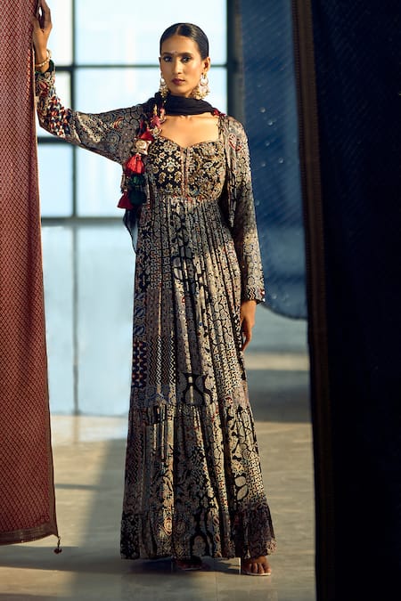 Buy Samyukta Singhania Blue Satin, Chiffon, Viscose, Modal Patchwork Printed Anarkali Palazzo Set Online at Aza Fashions Buy_Samyukta Singhania_Blue Satin, Chiffon, Viscose, Modal Patchwork Printed Anarkali Palazzo Set _Online_at_Aza_Fashions