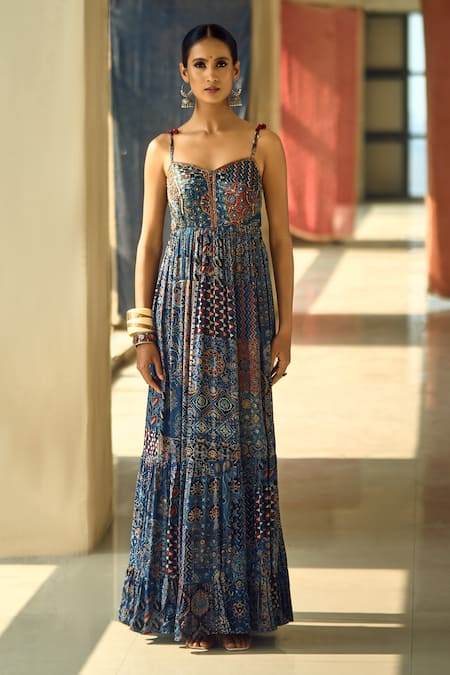 Shop Samyukta Singhania Black Satin, Chiffon, Viscose, Modal Geometric And Floral Print Anarkali Set Online at Aza Fashions Shop_Samyukta Singhania_Black Satin, Chiffon, Viscose, Modal Geometric And Floral Print Anarkali Set _Online_at_Aza_Fashions