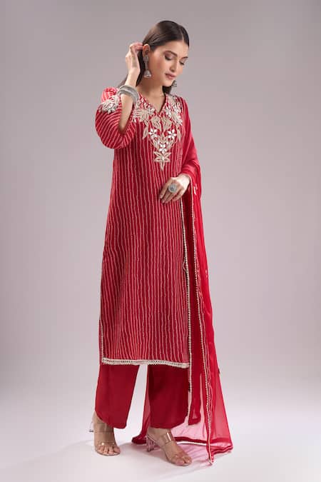 Buy Samyukta Singhania Red Chinon, Silk, Shantoon, Chiffon Gota Patti, Zari, Bandhani Print Kurta Set Online at Aza Fashions Buy_Samyukta Singhania_Red Chinon, Silk, Shantoon, Chiffon Gota Patti, Zari, Bandhani Print Kurta Set _Online_at_Aza_Fashions