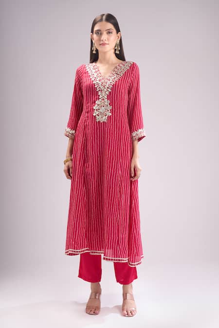 Samyukta Singhania Pink Chinon, Silk, Shantoon, Chiffon Embroidery, Gota Bandhani Print Kurta Set Online at Aza Fashions Samyukta Singhania_Pink Chinon, Silk, Shantoon, Chiffon Embroidery, Gota Bandhani Print Kurta Set _Online_at_Aza_Fashions