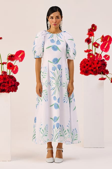 Therealb White Linen Floral Print Midi Dress 