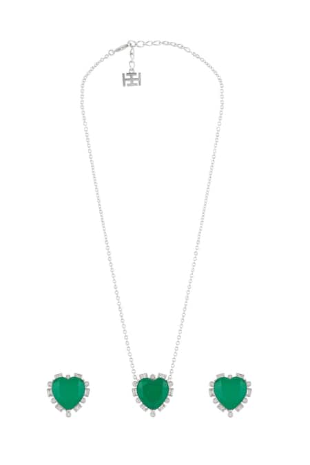Isharya Emerald Hearts Pendant Necklace & Earrings Set 