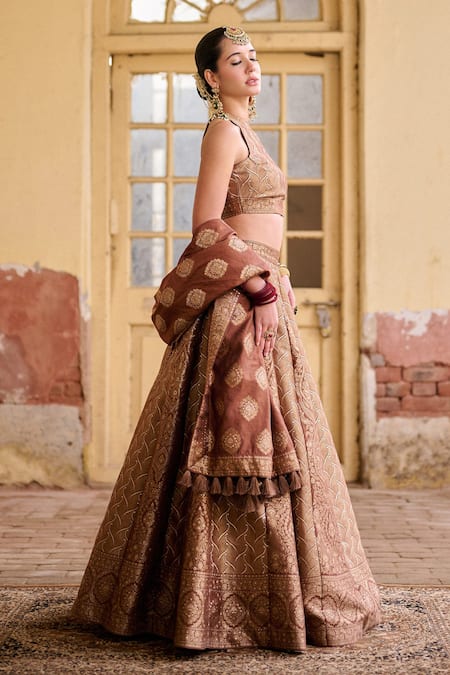 Buy_Safaa_Brown Vegan Silk Zari, Gota Patti Halter Neck Shabnami Woven Lehenga Set _Online_at_Aza_Fashions