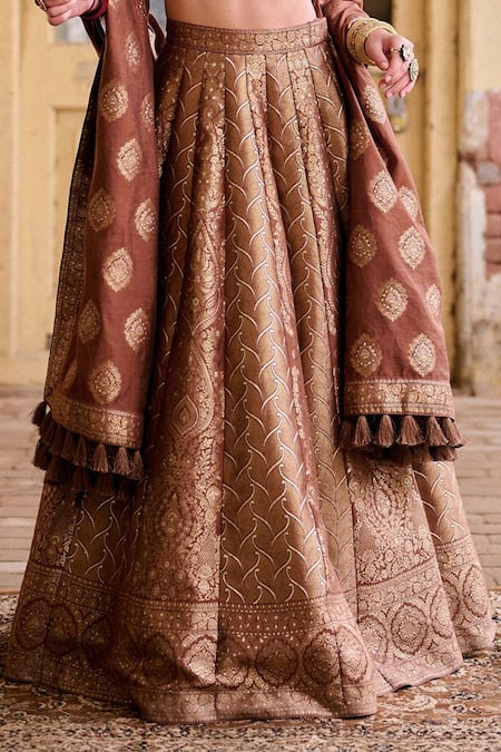 Shop_Safaa_Brown Vegan Silk Zari, Gota Patti Halter Neck Shabnami Woven Lehenga Set _Online_at_Aza_Fashions