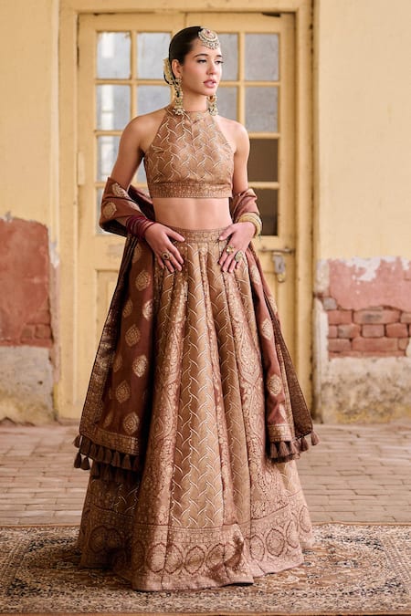 Safaa_Brown Vegan Silk Zari, Gota Patti Halter Neck Shabnami Woven Lehenga Set _at_Aza_Fashions