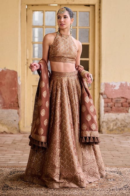 Shop_Safaa_Brown Vegan Silk Zari, Gota Patti Halter Neck Shabnami Woven Lehenga Set 