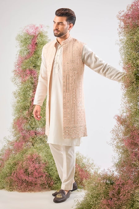 Buy_Kasbah_Pink Georgette Sequins, Cut Work Hand Geometric Nehru Jacket _Online_at_Aza_Fashions