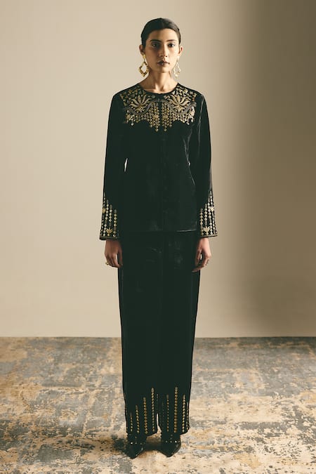 Shimona Metallic Embroidered Silk Velvet Top & Pant Set 