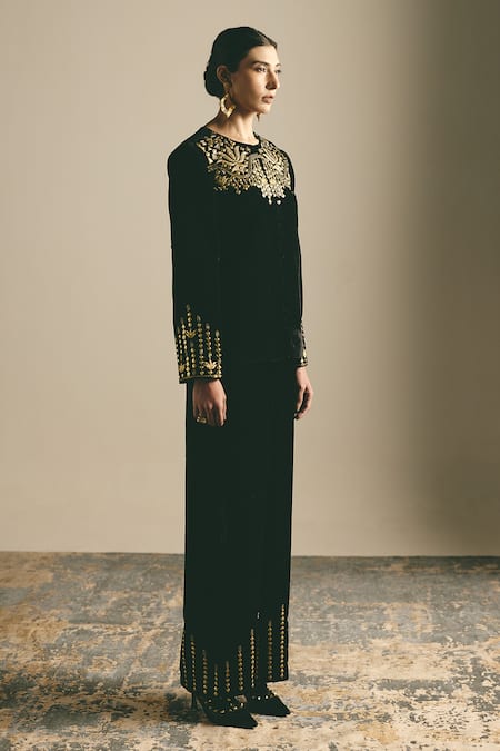 Shimona Metallic Embroidered Silk Velvet Top & Pant Set 