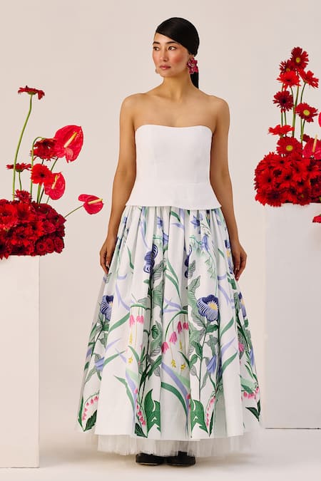 Therealb White Floral Strapless Maxi Dress 