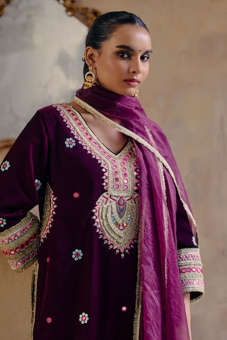 Buy Ajiesh Oberoi Wine Organza, Velvet Embroidery, Beads, Mirrors, Tassels Gazal Kurta Salwar Set Online at Aza Fashions Buy_Ajiesh Oberoi_Wine Organza, Velvet Embroidery, Beads, Mirrors, Tassels Gazal Kurta Salwar Set _Online_at_Aza_Fashions