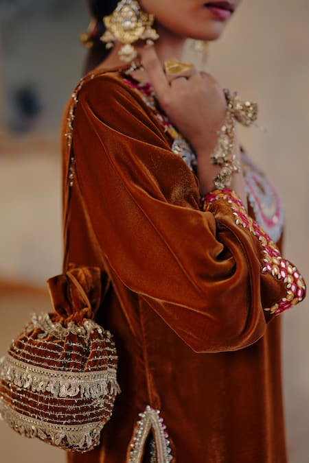 Shop Ajiesh Oberoi Orange Velvet Embroidery, Mirrors, Gota Patti Tasavvur Kurta And Dhoti Pant Set Online at Aza Fashions Shop_Ajiesh Oberoi_Orange Velvet Embroidery, Mirrors, Gota Patti Tasavvur Kurta And Dhoti Pant Set _Online_at_Aza_Fashions