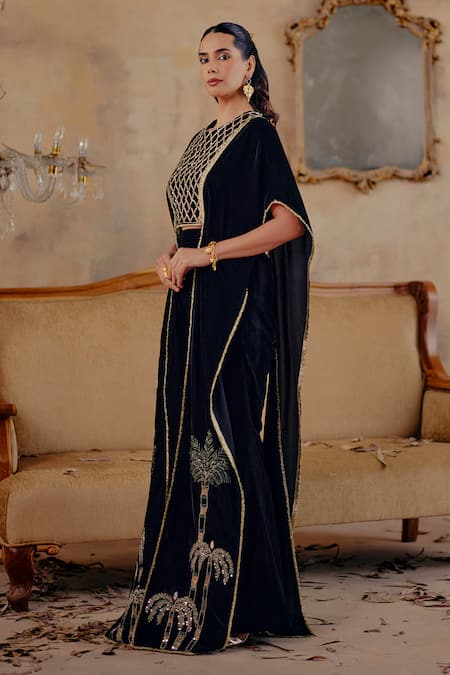 Shop Ajiesh Oberoi Black Velvet Embroidery Ruaab Cape And Pant Set Online at Aza Fashions Shop_Ajiesh Oberoi_Black Velvet Embroidery Ruaab Cape And Pant Set _Online_at_Aza_Fashions