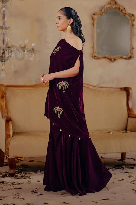 Buy Ajiesh Oberoi Wine Velvet Zari One Shoulder Fitoor Tunic Pant Set Online at Aza Fashions Buy_Ajiesh Oberoi_Wine Velvet Zari One Shoulder Fitoor Tunic Pant Set _Online_at_Aza_Fashions