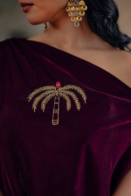 Shop Ajiesh Oberoi Wine Velvet Zari One Shoulder Fitoor Tunic Pant Set Online at Aza Fashions Shop_Ajiesh Oberoi_Wine Velvet Zari One Shoulder Fitoor Tunic Pant Set _Online_at_Aza_Fashions