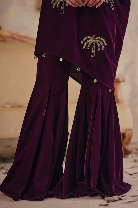 Ajiesh Oberoi Wine Velvet Zari One Shoulder Fitoor Tunic Pant Set at Aza Fashions Ajiesh Oberoi_Wine Velvet Zari One Shoulder Fitoor Tunic Pant Set _at_Aza_Fashions