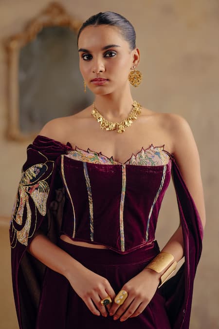 Buy Ajiesh Oberoi Wine Velvet Embroidery, Zari Sweetheart Neck Ragini Corset Pant Set Buy_Ajiesh Oberoi_Wine Velvet Embroidery, Zari Sweetheart Neck Ragini Corset Pant Set