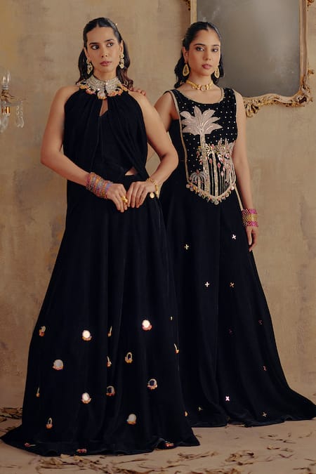 Ajiesh Oberoi Black Velvet Embroidery, Zari, Mirrors Chandni Emboidered Top And Sharara Set at Aza Fashions Ajiesh Oberoi_Black Velvet Embroidery, Zari, Mirrors Chandni Emboidered Top And Sharara Set _at_Aza_Fashions
