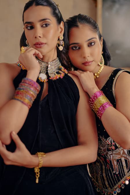 Buy Ajiesh Oberoi Black Velvet Embroidery, Zari, Mirrors Chandni Emboidered Top And Sharara Set Buy_Ajiesh Oberoi_Black Velvet Embroidery, Zari, Mirrors Chandni Emboidered Top And Sharara Set