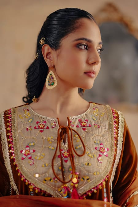 Ajiesh Oberoi Orange Velvet, Organza Sequins, Mirrors, Tassels, Afsana Yoke Kurta Salwar Set Online at Aza Fashions Ajiesh Oberoi_Orange Velvet, Organza Sequins, Mirrors, Tassels, Afsana Yoke Kurta Salwar Set _Online_at_Aza_Fashions