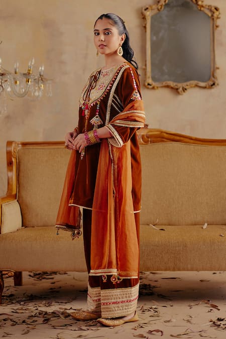 Ajiesh Oberoi Orange Velvet, Organza Sequins, Mirrors, Tassels, Afsana Yoke Kurta Salwar Set at Aza Fashions Ajiesh Oberoi_Orange Velvet, Organza Sequins, Mirrors, Tassels, Afsana Yoke Kurta Salwar Set _at_Aza_Fashions