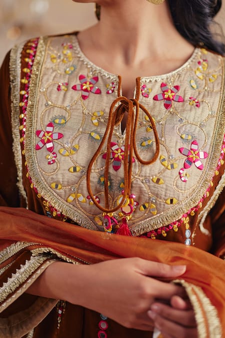 Buy Ajiesh Oberoi Orange Velvet, Organza Sequins, Mirrors, Tassels, Afsana Yoke Kurta Salwar Set Buy_Ajiesh Oberoi_Orange Velvet, Organza Sequins, Mirrors, Tassels, Afsana Yoke Kurta Salwar Set