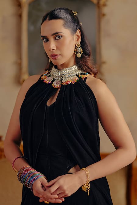 Buy Ajiesh Oberoi Black Velvet Mirrors Halter , Keyhole Mahtab Embroidered Cape Skirt Set Online at Aza Fashions Buy_Ajiesh Oberoi_Black Velvet Mirrors Halter , Keyhole Mahtab Embroidered Cape Skirt Set _Online_at_Aza_Fashions