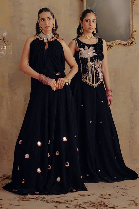 Shop Ajiesh Oberoi Black Velvet Mirrors Halter , Keyhole Mahtab Embroidered Cape Skirt Set Online at Aza Fashions Shop_Ajiesh Oberoi_Black Velvet Mirrors Halter , Keyhole Mahtab Embroidered Cape Skirt Set _Online_at_Aza_Fashions