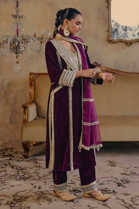 Buy Ajiesh Oberoi Wine Velvet, Organza Mirrors, Gota Patti, Roohani Embroidered Kurta Pant Set Online at Aza Fashions Buy_Ajiesh Oberoi_Wine Velvet, Organza Mirrors, Gota Patti, Roohani Embroidered Kurta Pant Set _Online_at_Aza_Fashions