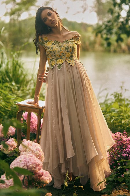 Anushree Reddy Floral Embroidered Gown & Pant Set 