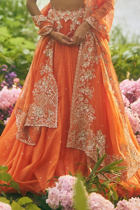 Anushree Reddy_Orange Organza Sequins, Zari, Stones Sweetheart Neck Embroidered Skirt Set _Online_at_Aza_Fashions