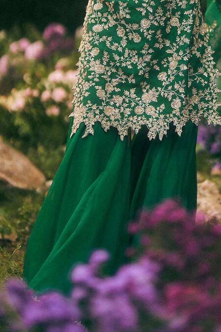 Anushree Reddy Emerald Green Organza Embroidery, Zari Square Neck Kurta Sharara Set Online at Aza Fashions Anushree Reddy_Emerald Green Organza Embroidery, Zari Square Neck Kurta Sharara Set _Online_at_Aza_Fashions